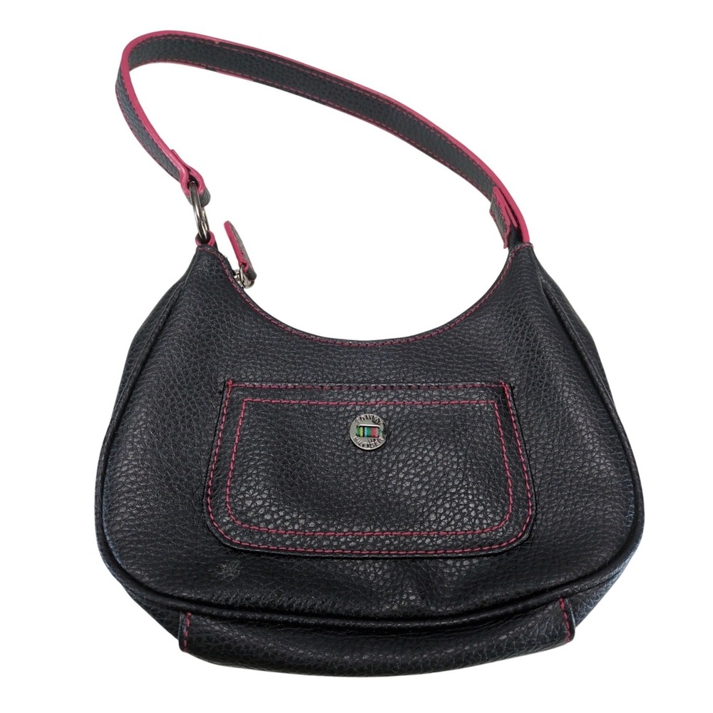Tommy Hilfiger Black Faux Pebbled Leather Mini Hobo Shoulder Bag Pink Trim Logo